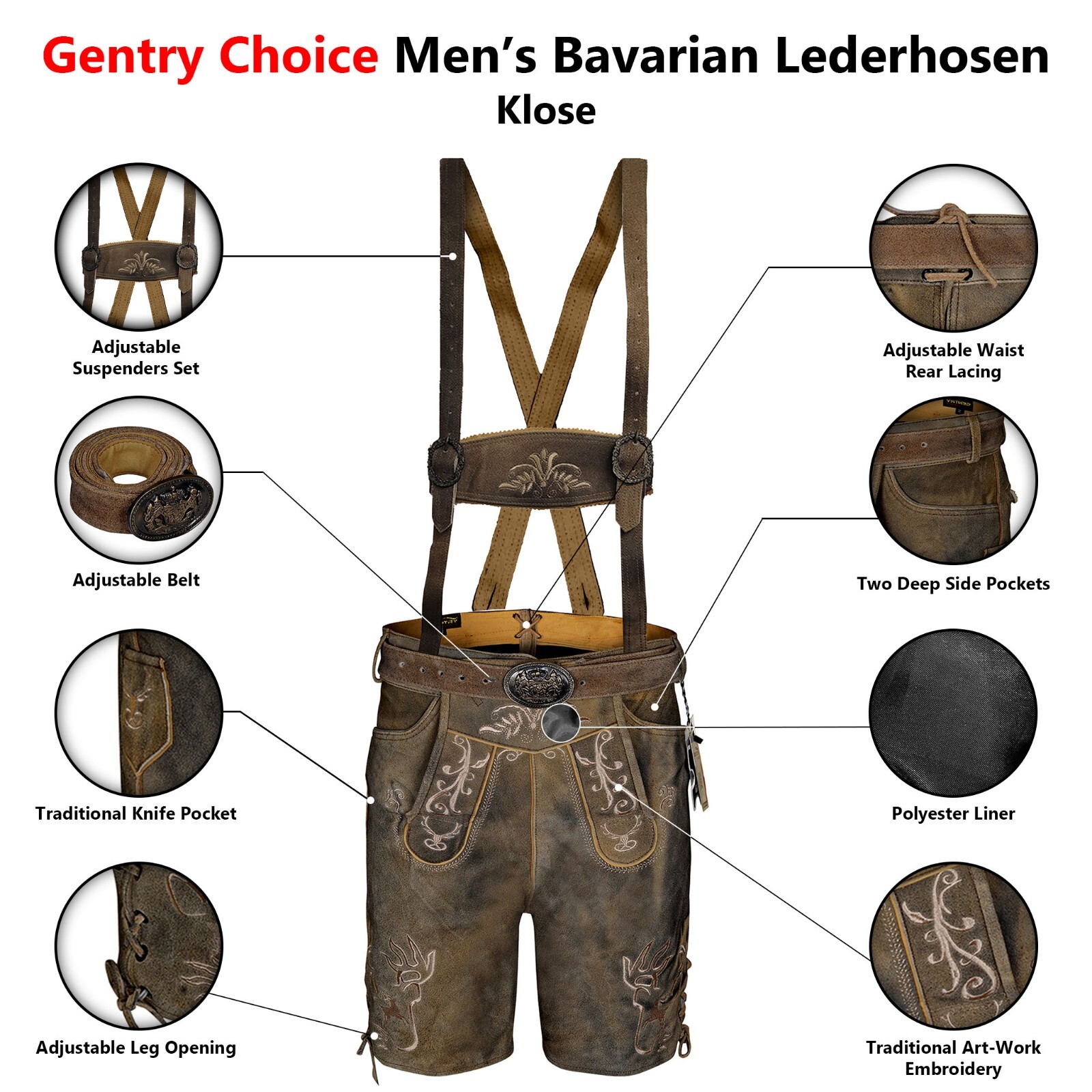 Authentic Lederhosen Antiqued Klose Leather Short Trachten Oktoberfest Costume
