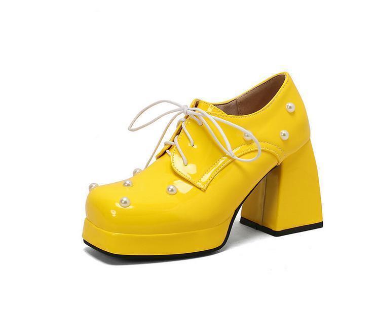 Women Square Toe Beaded Lace Up Pumps Candy Color Mary Jane Shoe Block Heel Pump