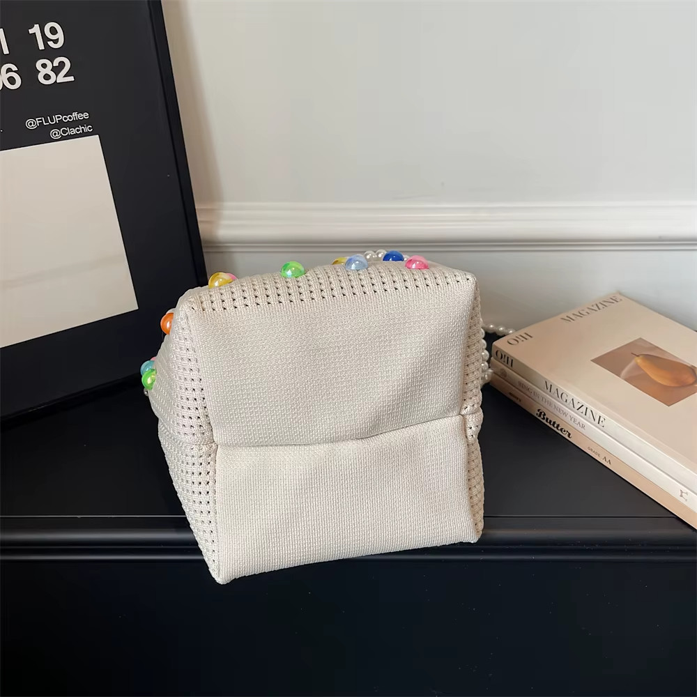 2026 Women Mini Woven Bucket Bag Candy Bead Top Handle Crossbody Handbag
