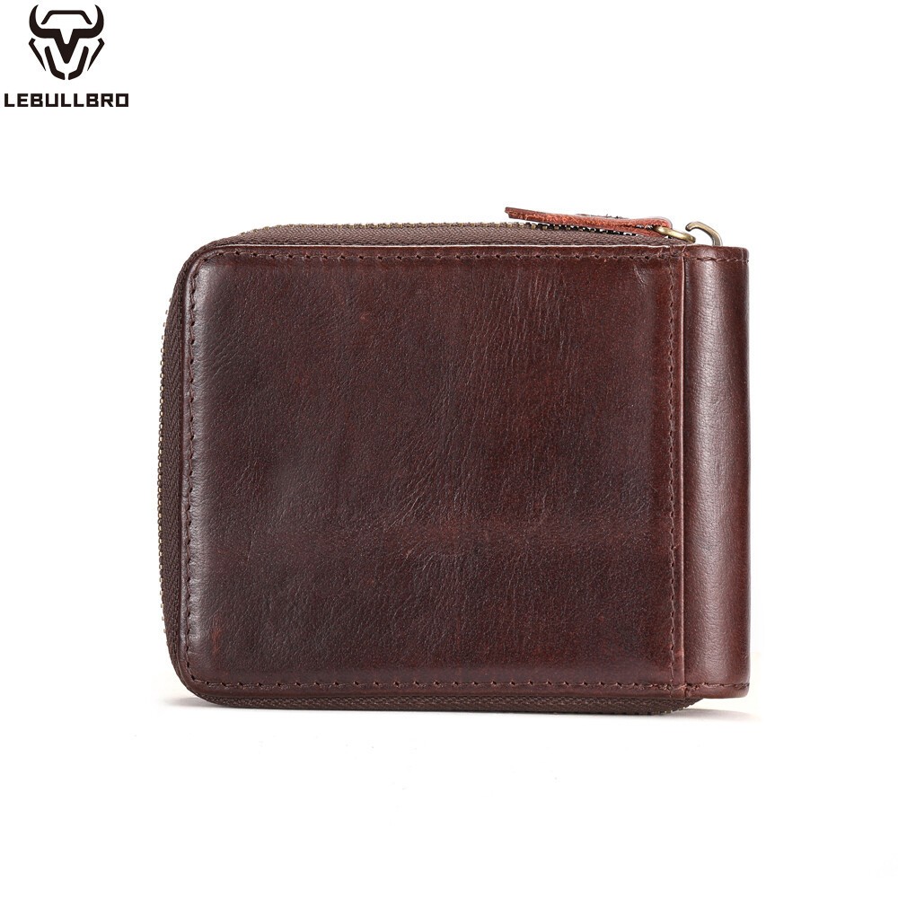 Mens Genuine Leather Zipper Wallet RFID Blocking Bifold Zip Around Card Holder