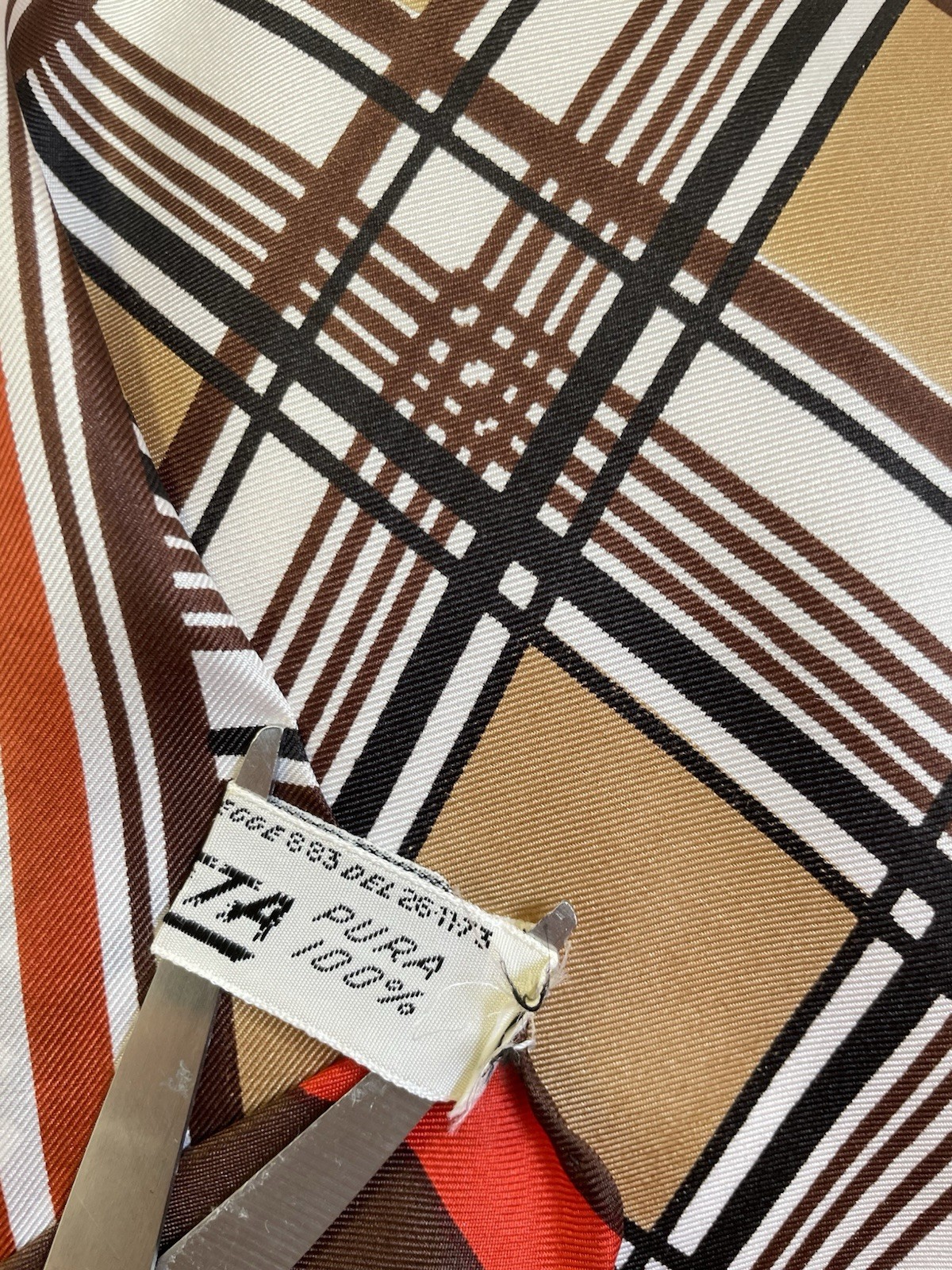 H75# Vintage 100% Pure Silk Scarf Made in Italy Plaid Geometric Brown Orange