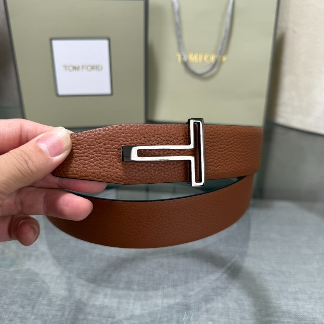 Tom Ford Belt Reversible T-Buckle Brown/Black Calfskin Leather Belt