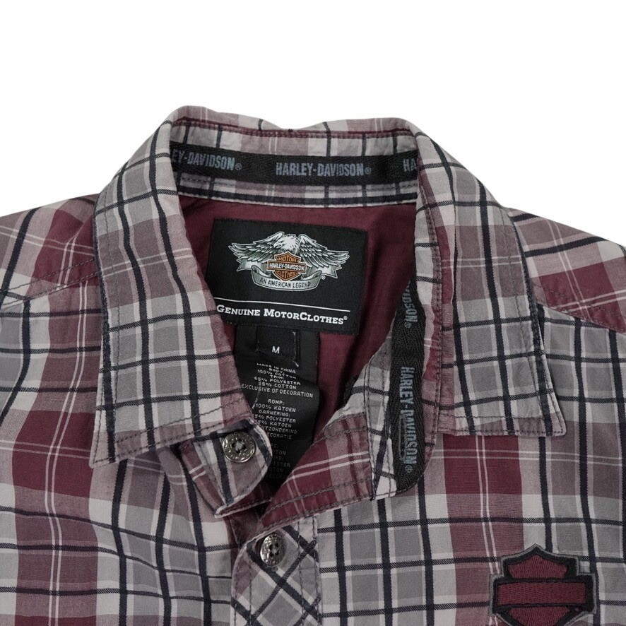 Harley Davidson Shirt Mens M Burgundy Grey Plaid Short Sleeve Button Down 1903
