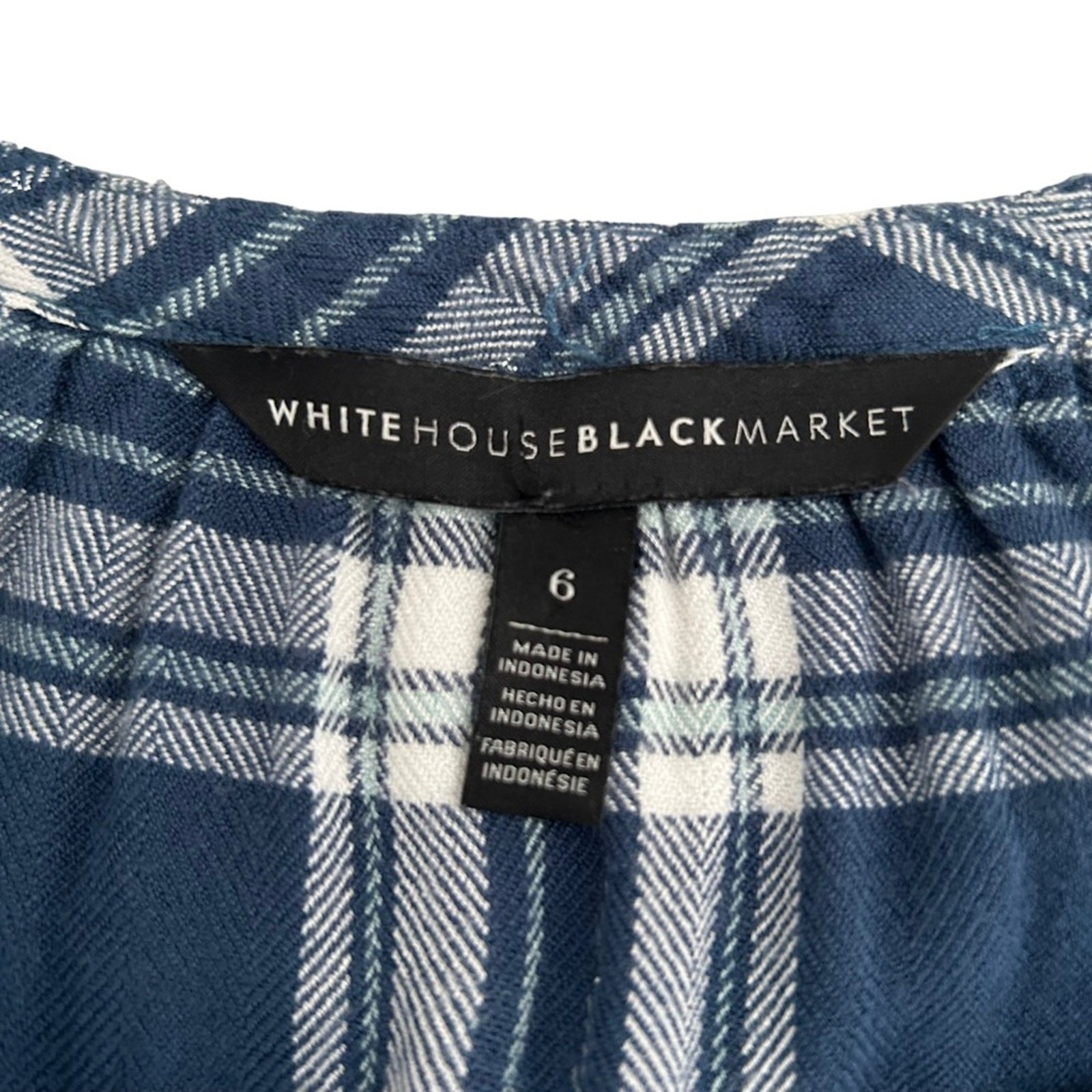 White House Black Market Size 6 Blue, White, Silver Plaid Bow Sleeve Blouse