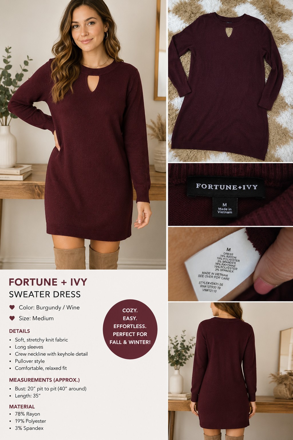 Fortune + Ivy Women’s Sweater Dress – Size Medium – Burgundy – Long Sleeve Knit