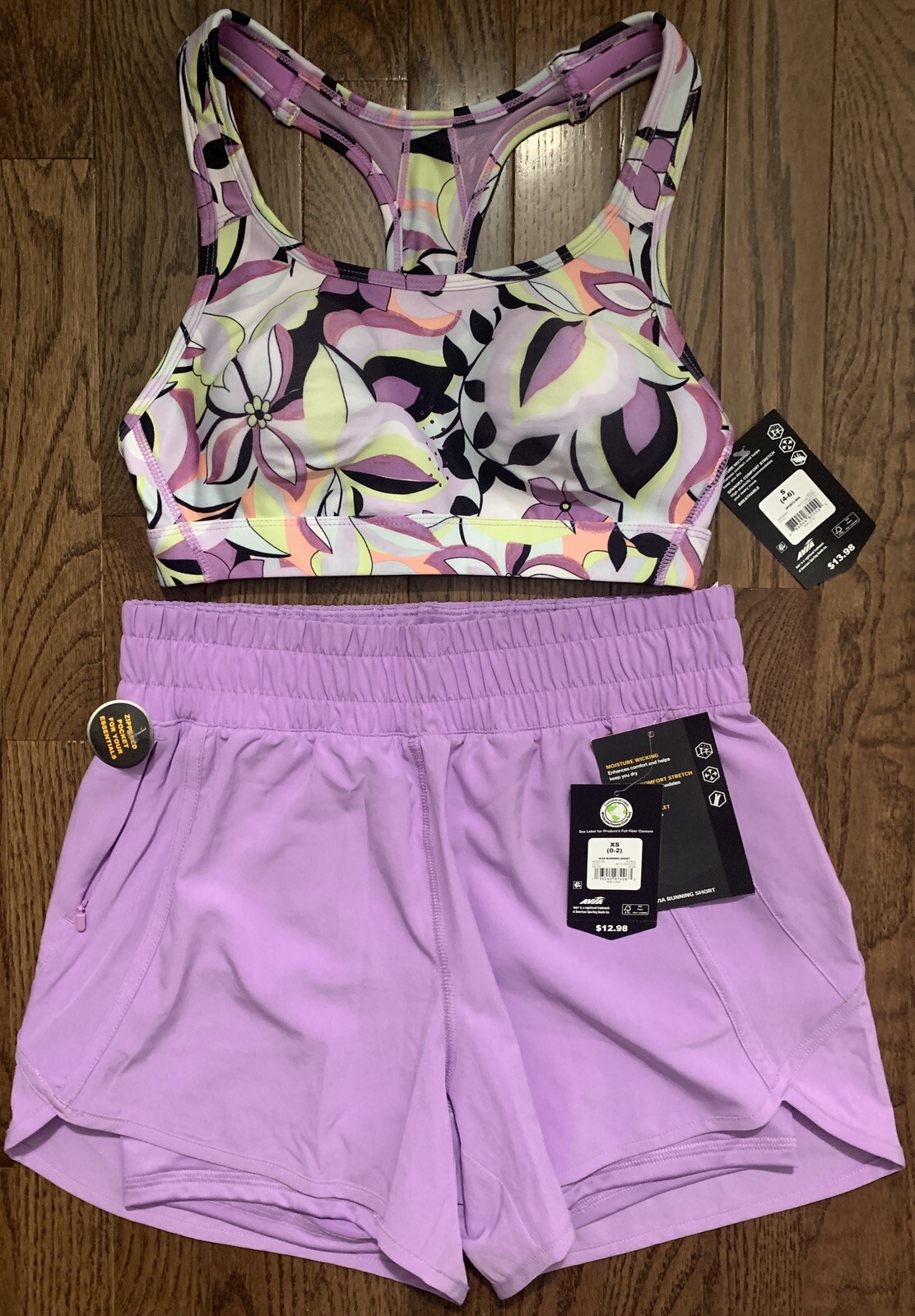 Avia Sport Bra & Shorts pink/purple set; Bra size S, Shorts size XS; RN 15741