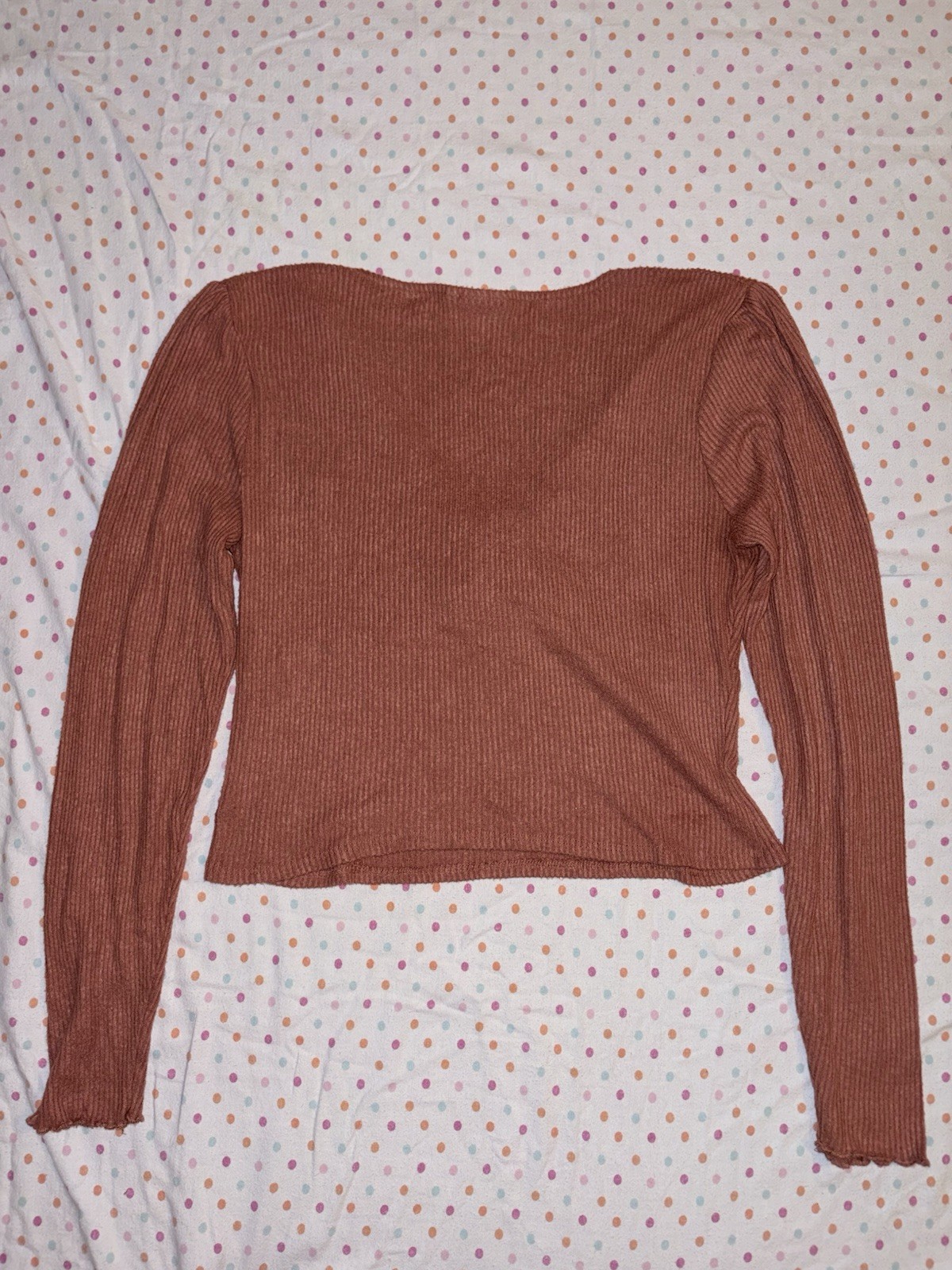 SO Rust Ribbed Ruched Tie Front Crop Top Size Large Long Sleeve Knit Sweater Top