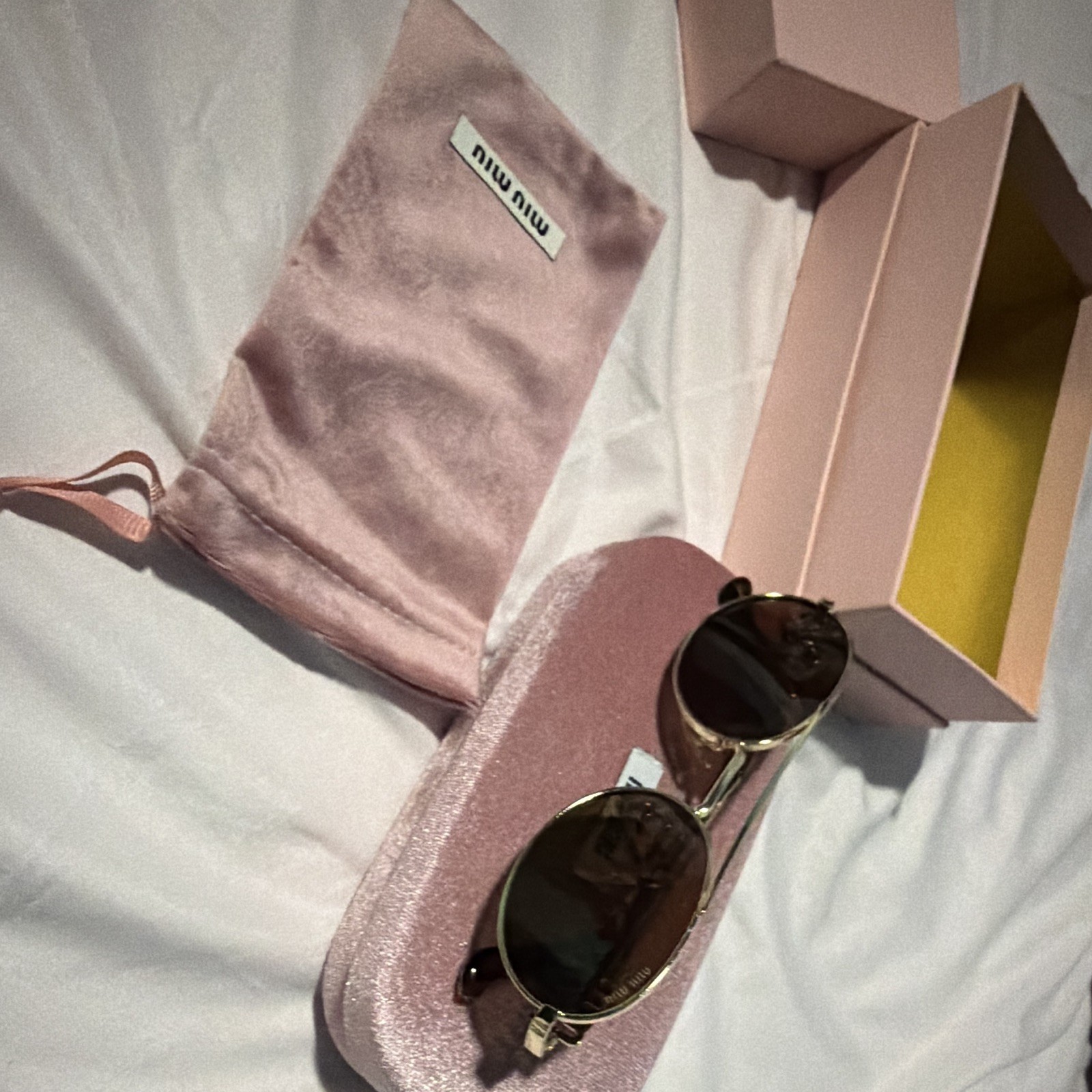 Miu Miu Women’s Oval Sunglasses Gold Metal Frame Brown Tinted Lenses w/ Case