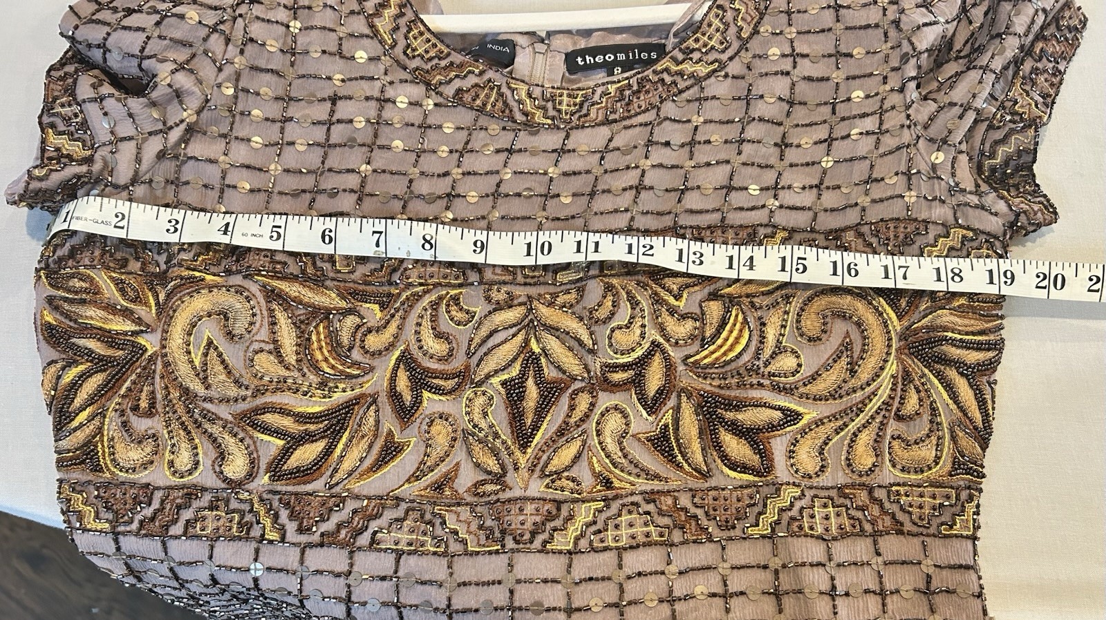 Theo Miles Brown Gold Sheath Dress Beaded Sequin Scoop Neck Silk Lined 8