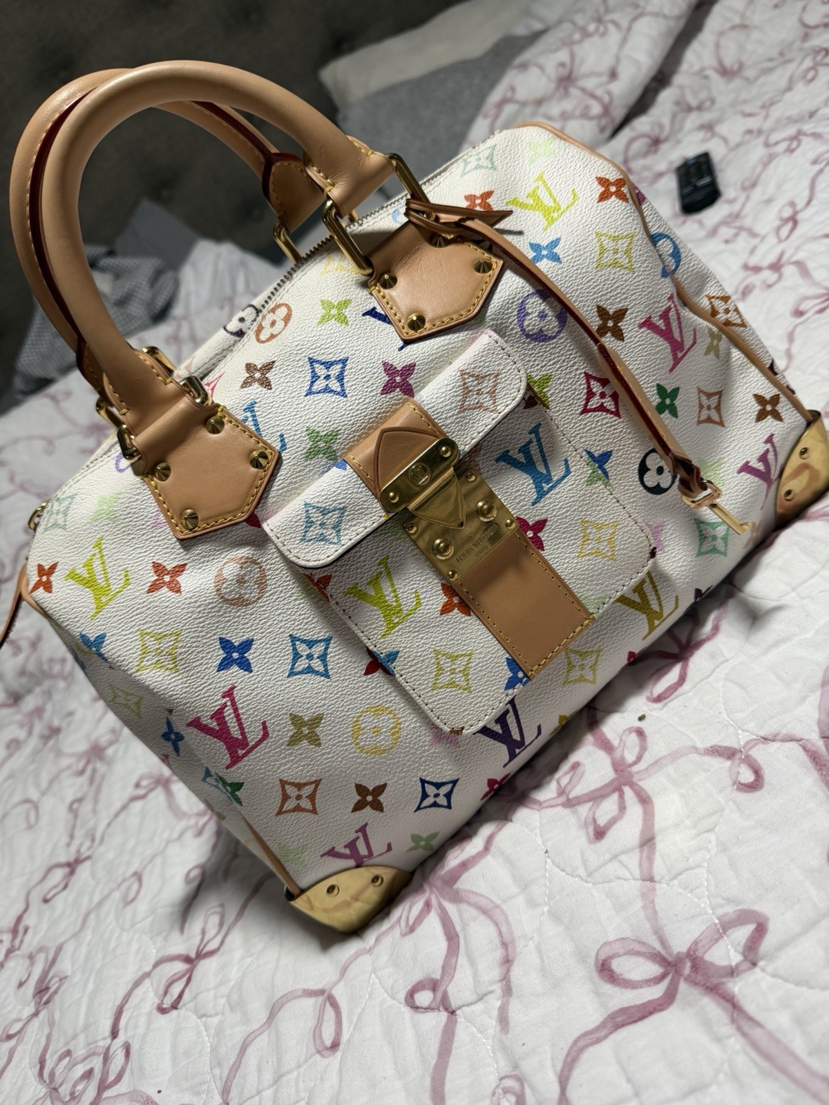 Louis Vuitton Murakami Multicolore Monogram White Speedy Satchel Gold Lock