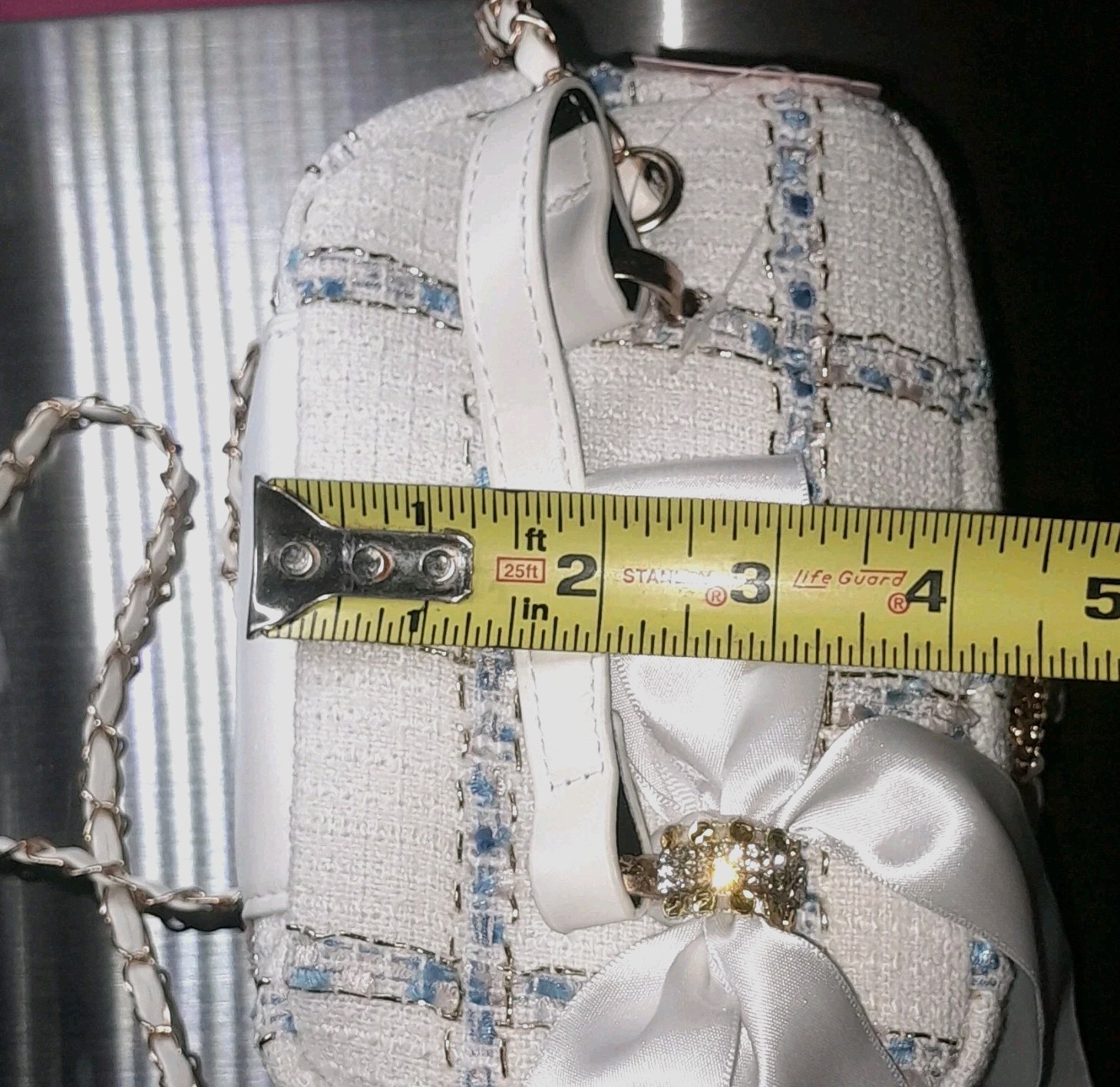 New White Blue Tweed Shoulder Bag with Bow, Rhinestone, Pearl, Gold Handcrafted