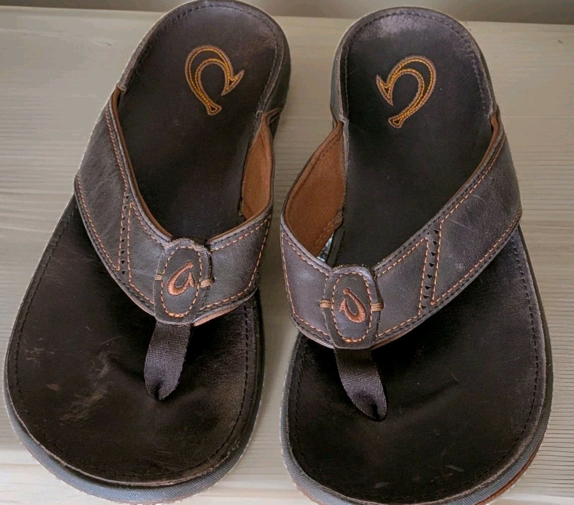 OluKai Nui Mens US 10 EU 43 Sandals Brown Leather Flip-Flops Thongs Beach