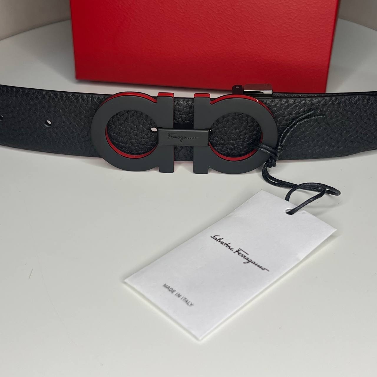 Black Pebbled Leather Salvatore Ferragamo Mens Belt with Black Buckle