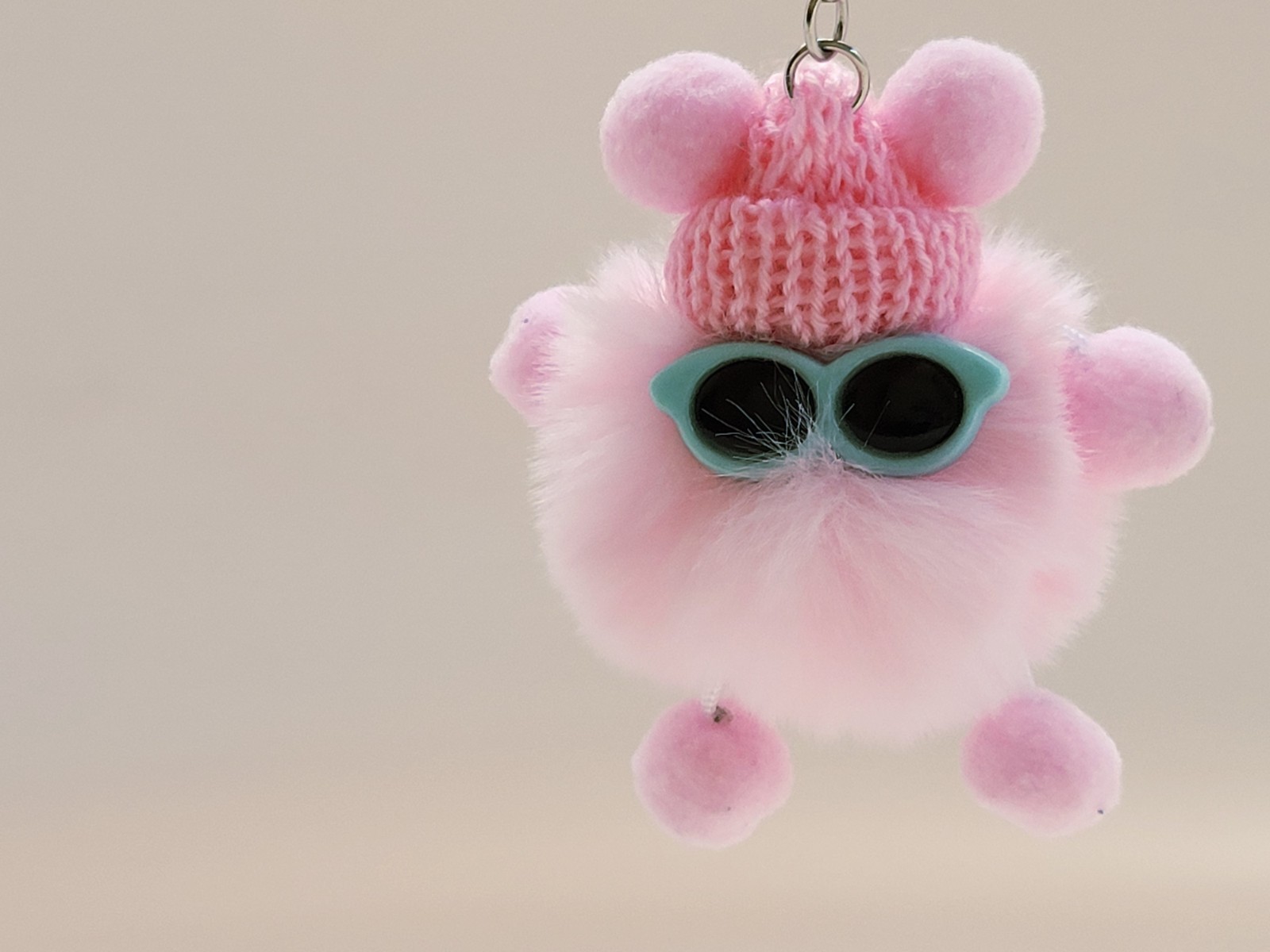 Cute Fluffy Pink Pom Pom Keychain, Sunnies & Knit Hat Accessories