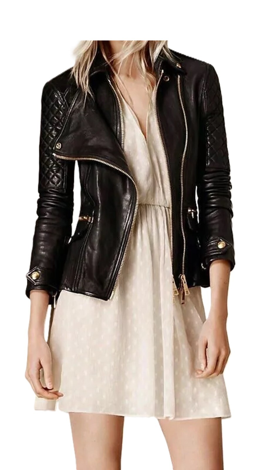 Black Motorcycle Jacket For Women Real Leather Biker Jacket- Gold Zippers & Accs