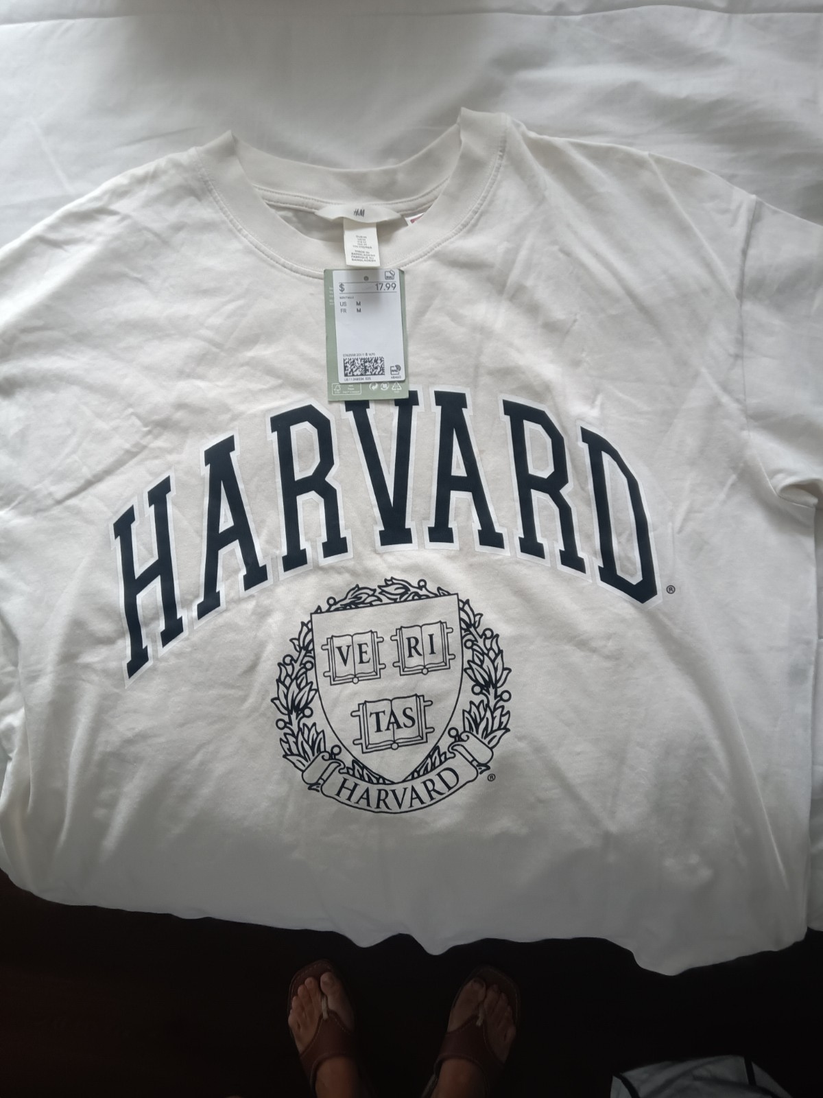H&M Cream color Cotton Knit Harvard Graphic Logo Crew Neck Short Sleeve Tee