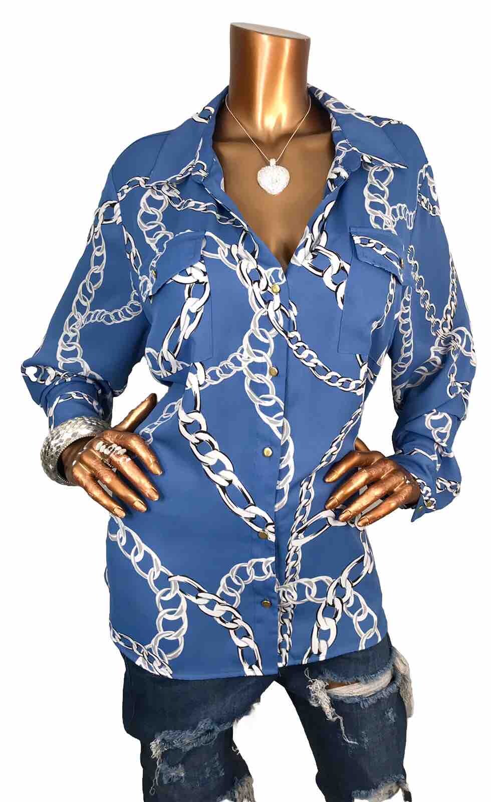 INC 2X Plus Top Chains Prints Button Up Shirt Low Cut Long Sleeves Easywear Sexy