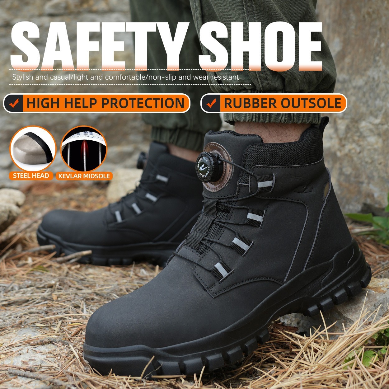 Waterproof Safety Boots Men Rotary Buckle Indestructible Steel Toe Work Boots