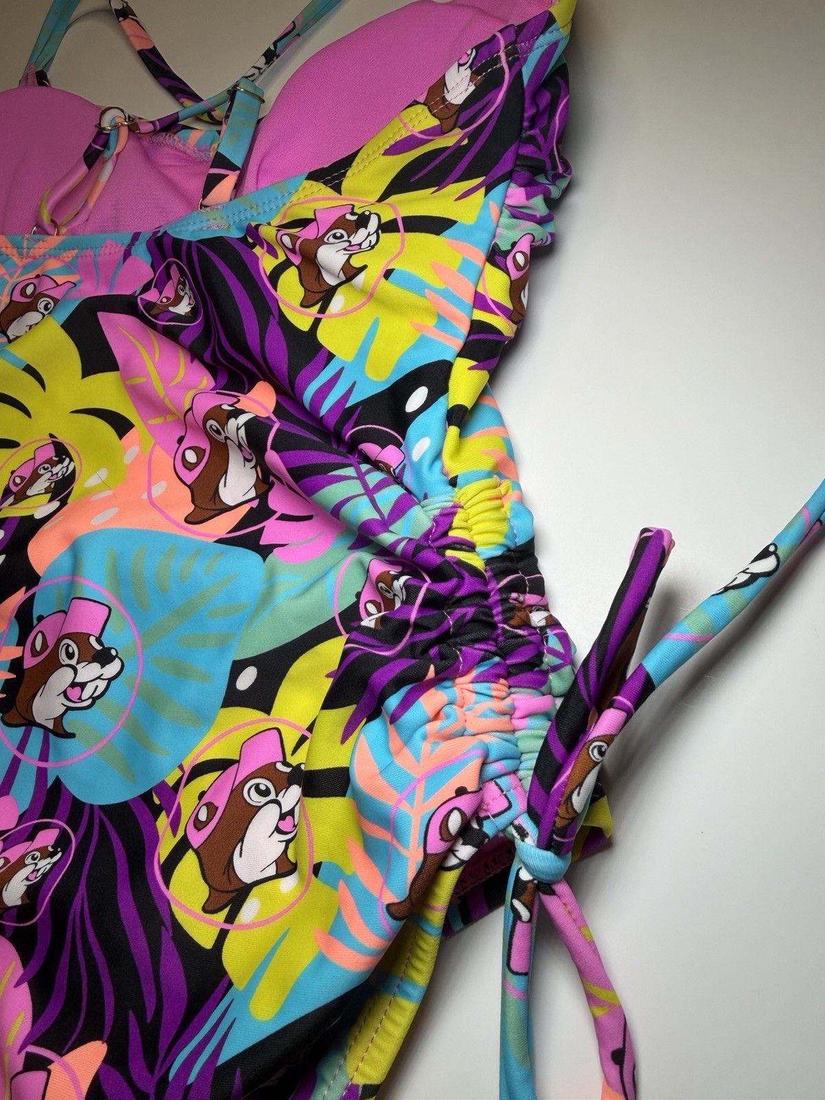 Buc-ee’s One Piece Swimsuit SZ XS Buc-ee Beaver Bright Neon Floral Tropical NWT