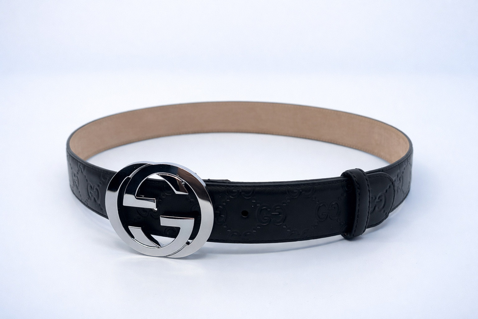 GG Mono BlackGUCCl Leather Belt Silver Buckle Authentic