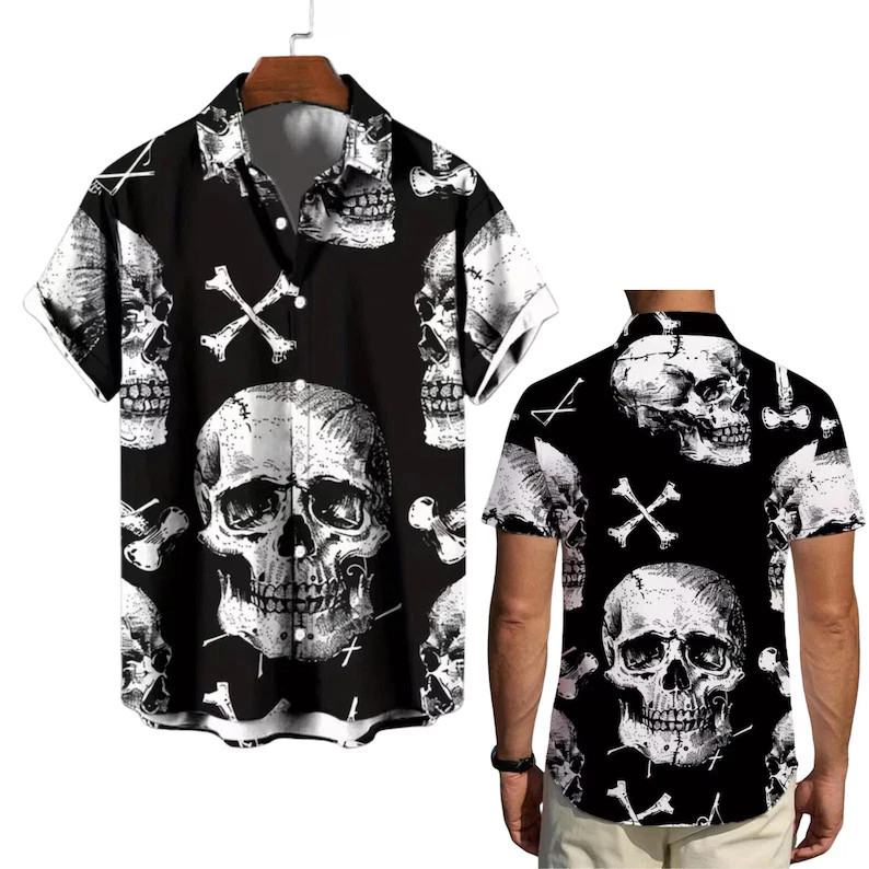 Skull Print Hawaiian Shirt Men
