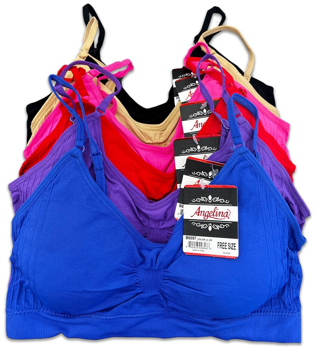 6 Women’s Angelina Sports Bra Bralettes Spaghetti Strap Padded Stretch Free Size