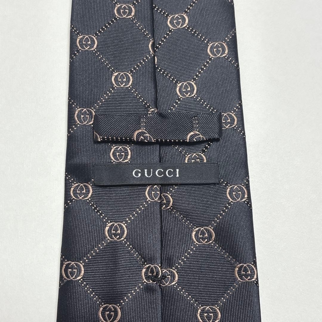 GUCCI Silk Tie 9.7cm GG Logo Embroidered Interlocking Check Black Brown