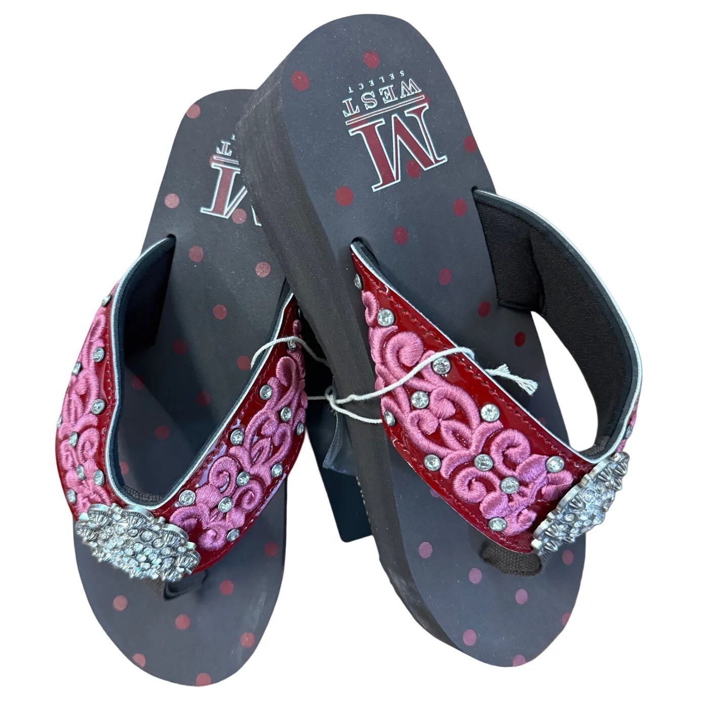 Montana West Women’s Red w/Pink Embroidered Flip Flops & Rhinestone Conch- NIB