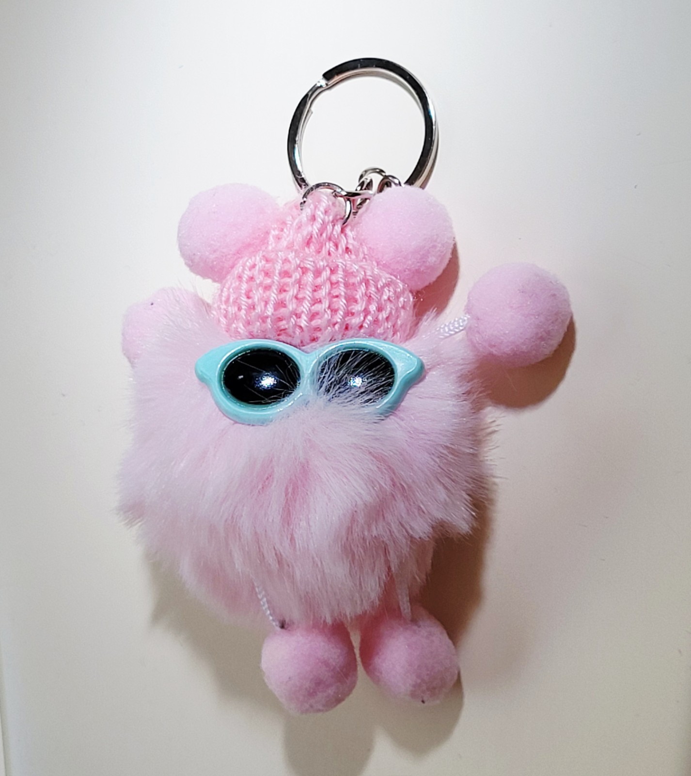 Cute Fluffy Pink Pom Pom Keychain, Sunnies & Knit Hat Accessories
