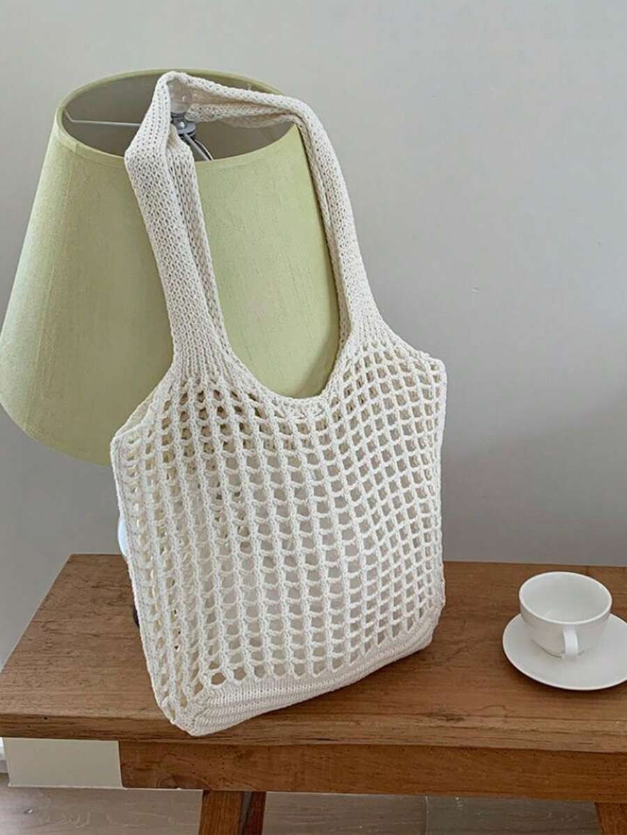 Crochet Woven Shopping Bag Hollow Out Beach Vacation Tote Foldable Mesh Bag