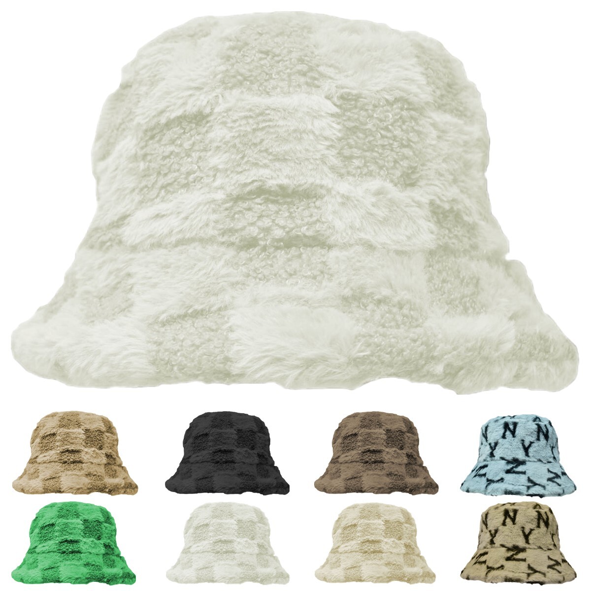 Women’s Winter Plush Fluffy Bucket Hat Faux Fur Lining Cozy Check Wide Brim Cap
