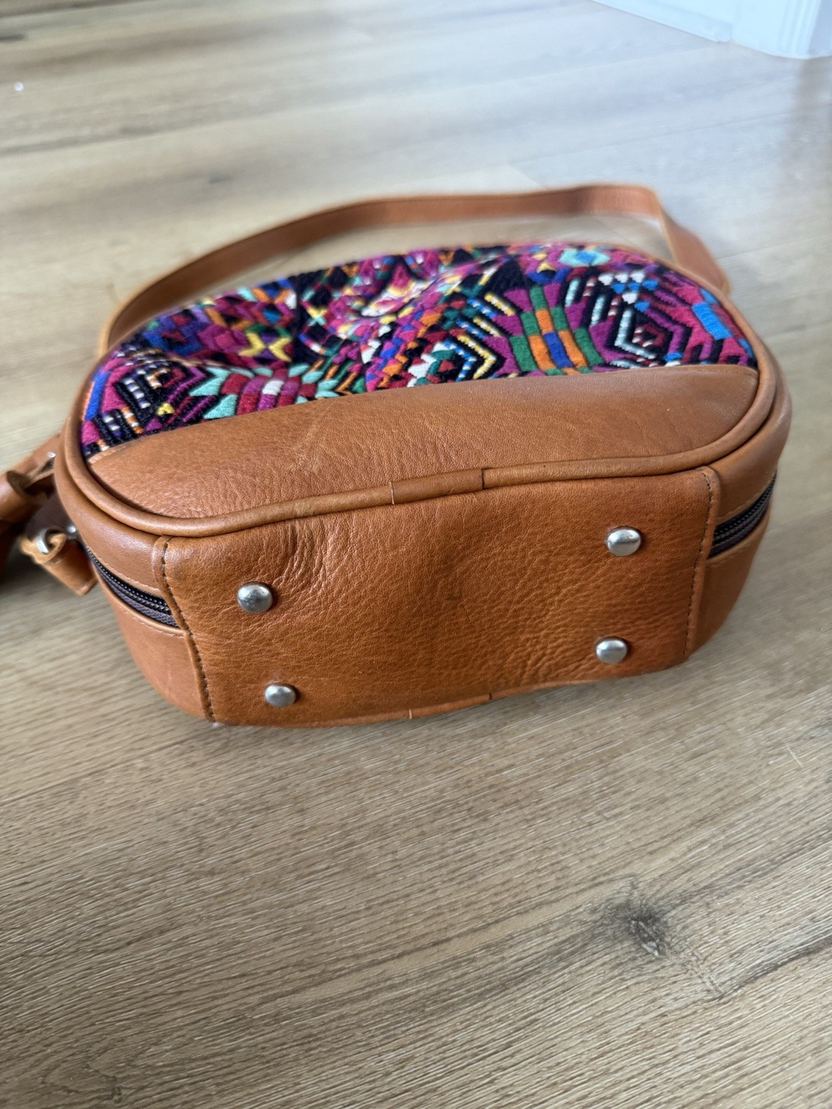 Women’s Brown & Multicolor Geometric Boho Small Half Moon Crossbody Zip Bag