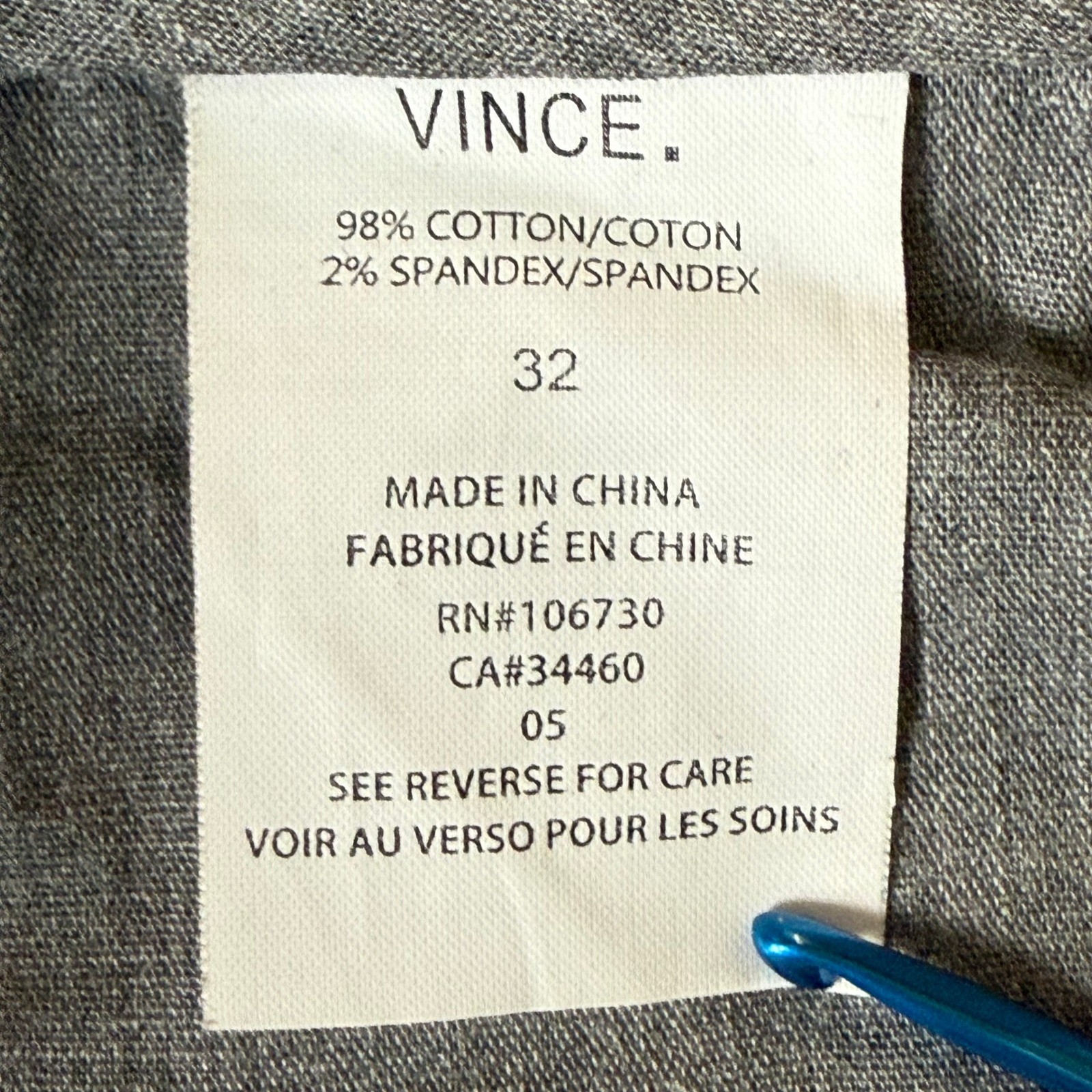 VINCE Pants Mens 32 Fits 34 Grey Flat Front Chino Cotton Stretch Business Casual