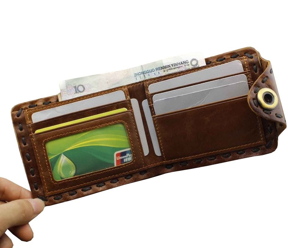 Vintage Biker Leather Bifold Snap Wallet With Chain for Mens or Boys