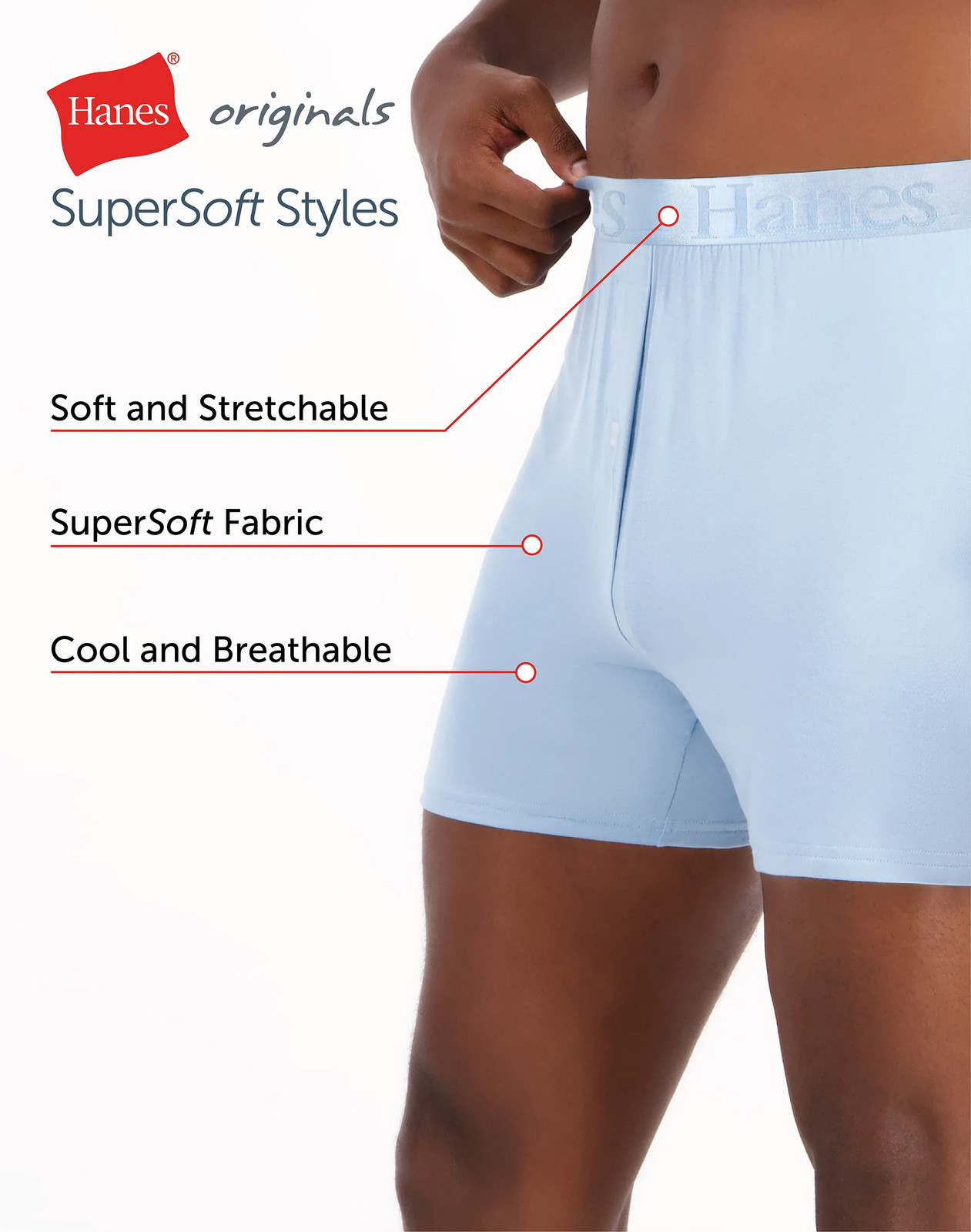 Hanes Originals Ultimate Men’s SuperSoft Knit Boxer Underwear, Blue/Grey/Red,