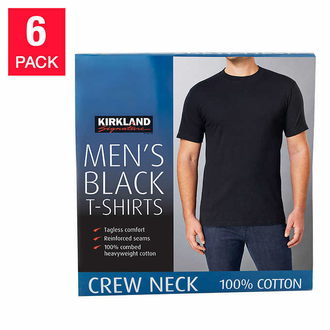 Kirkland Men’s 6-pack Black 100% Cotton Crew Neck T-shirt FREE SHIPPING!