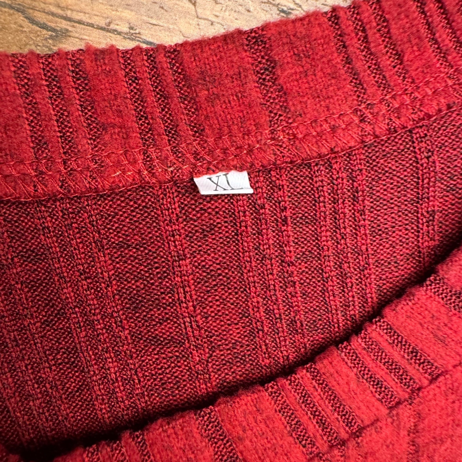 Womens XL Red Grey Striped Ribbed Long Sleeve Crew Neck Top Shirt