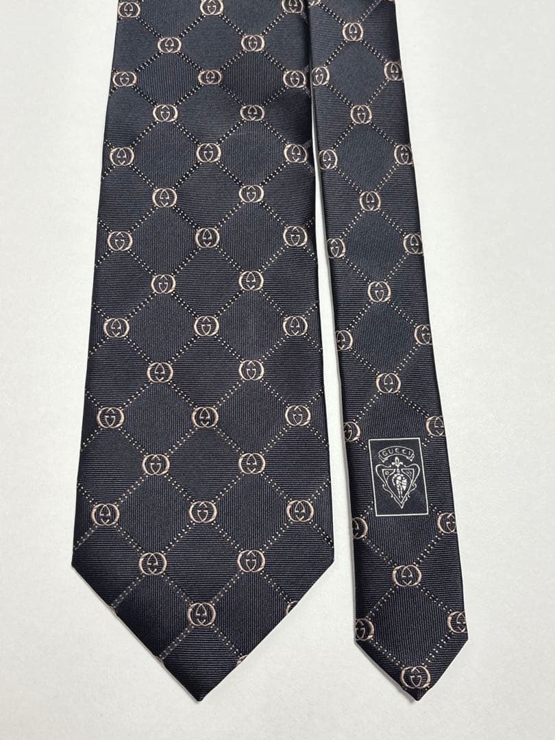 GUCCI Silk Tie 9.7cm GG Logo Embroidered Interlocking Check Black Brown