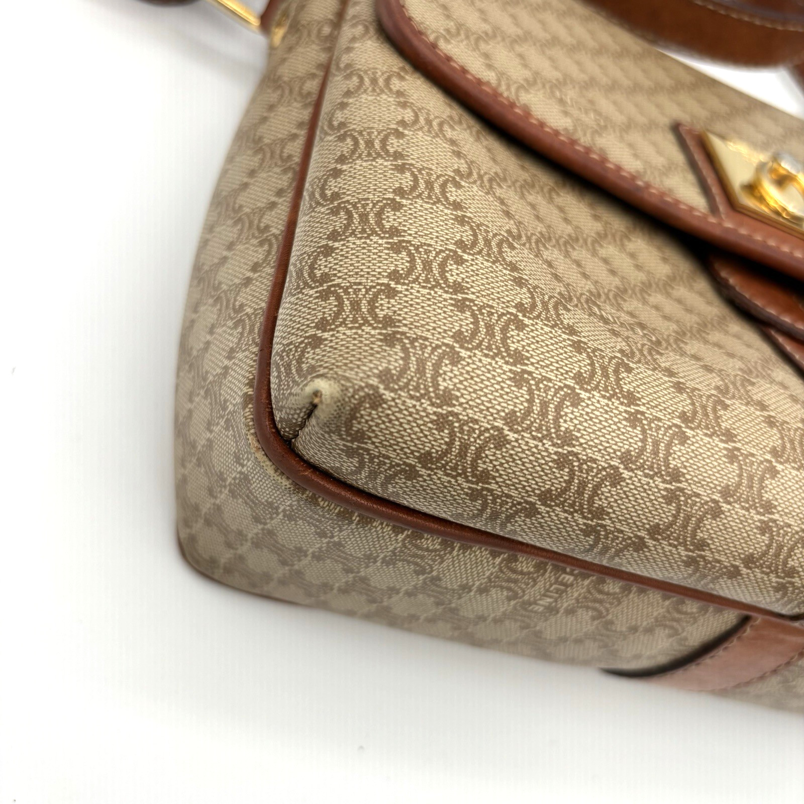 CELINE Macadam Canvas Shoulder Bag PVC Beige Gold Authentic 0046