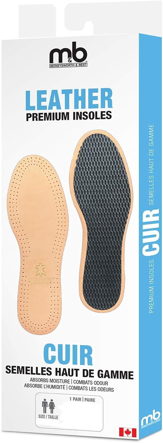 Moneysworth & Best Premium Full Leather Insoles Inserts Tan/Black W/M sizes 6-12