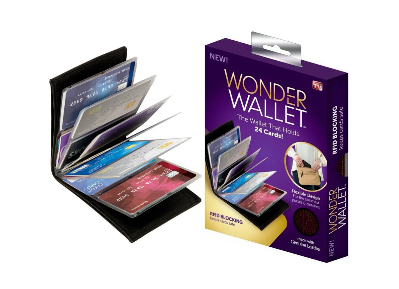 Wonder Wallet Black Leather Amazing Slim Thin RFID Wallets As Seen on TV 2 Pack