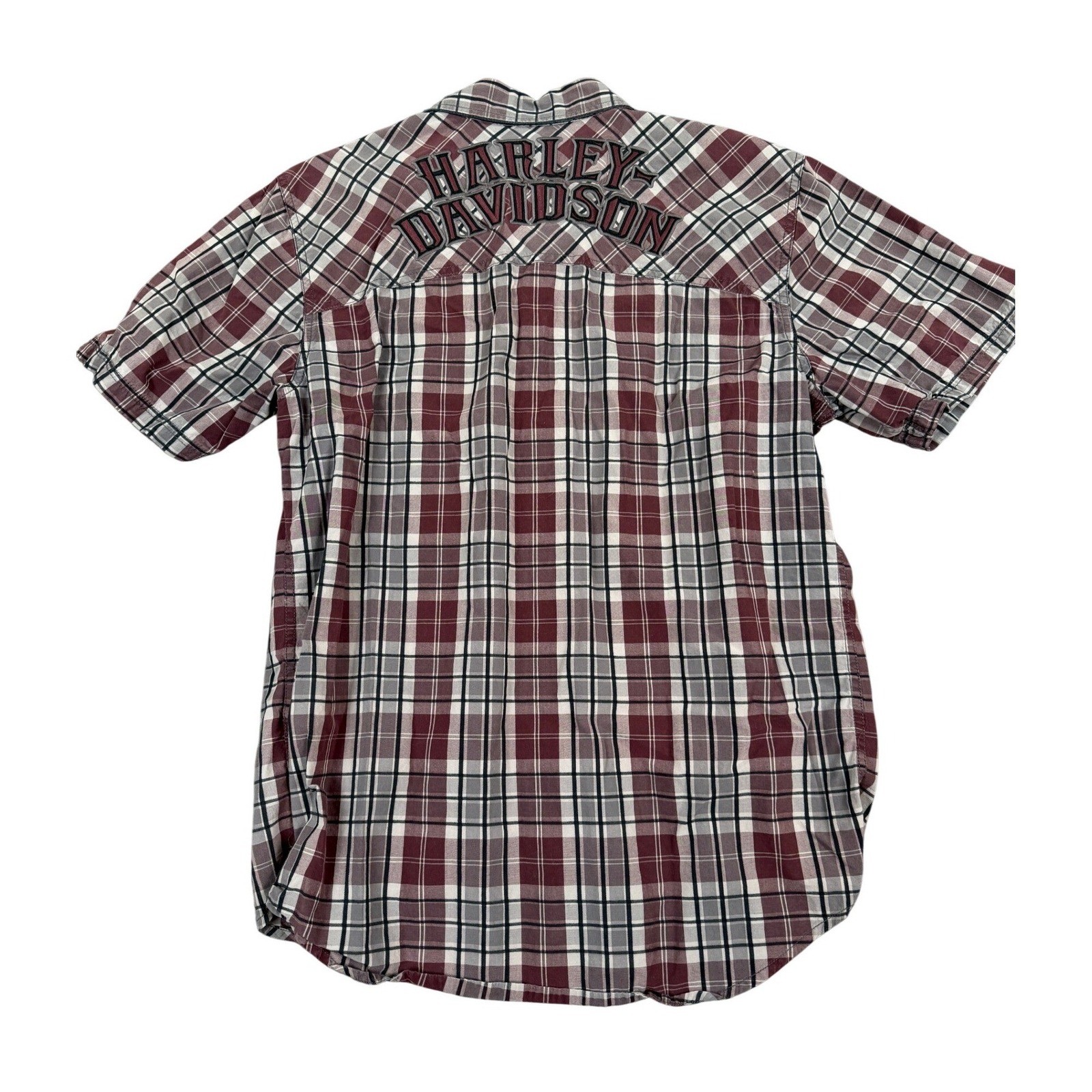 Harley Davidson Shirt Mens M Burgundy Grey Plaid Short Sleeve Button Down 1903