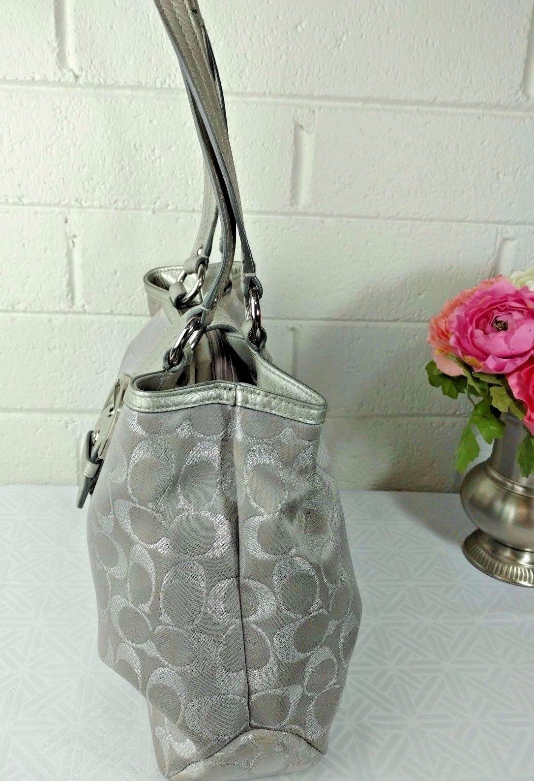 COACH TOTE SILVER SIGNATURE C JACQUARD/ LEATHER No. F18912 SATCHEL HANDBAG