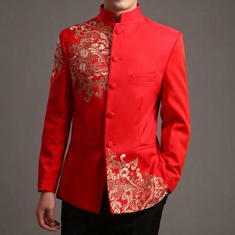 Men Red Tang Suit Chinese Wedding Suit Jacket Embroidery Pattern Jacket
