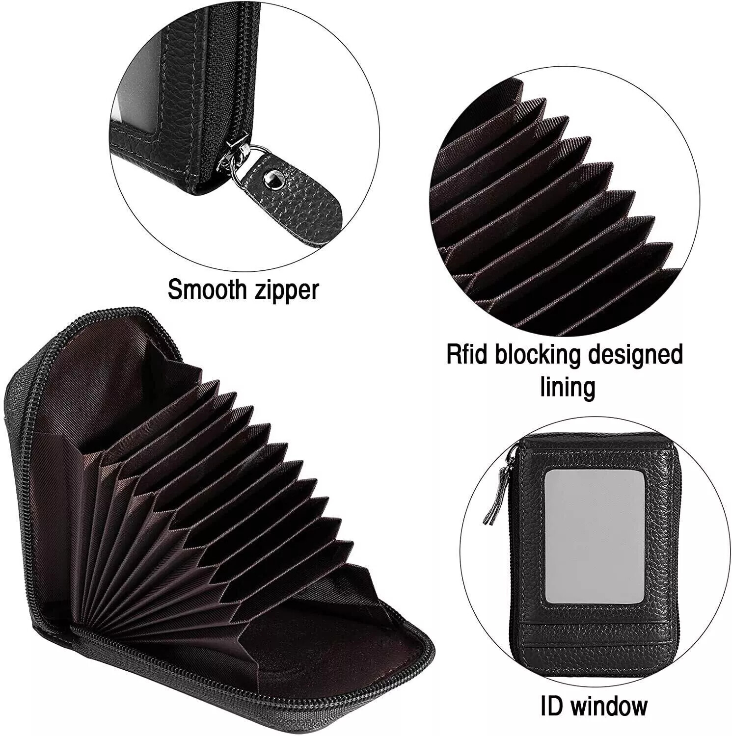 Leather Credit Card Holder RFID-Blocking Zipper Pocket Wallet with ID Window