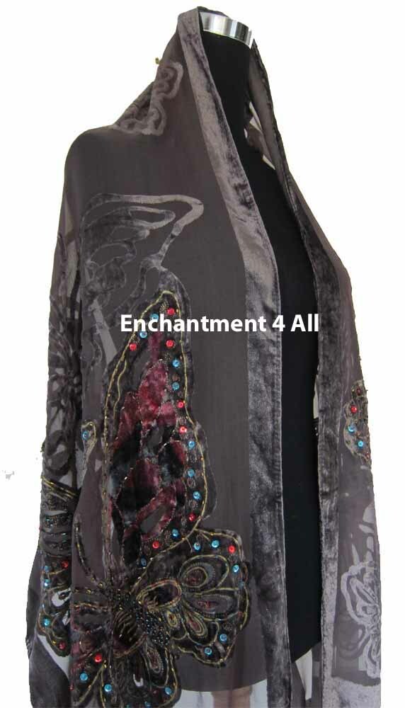 Handmade Beaded Butterfly 100% Silk Velvet Scarf Shawl, Gray