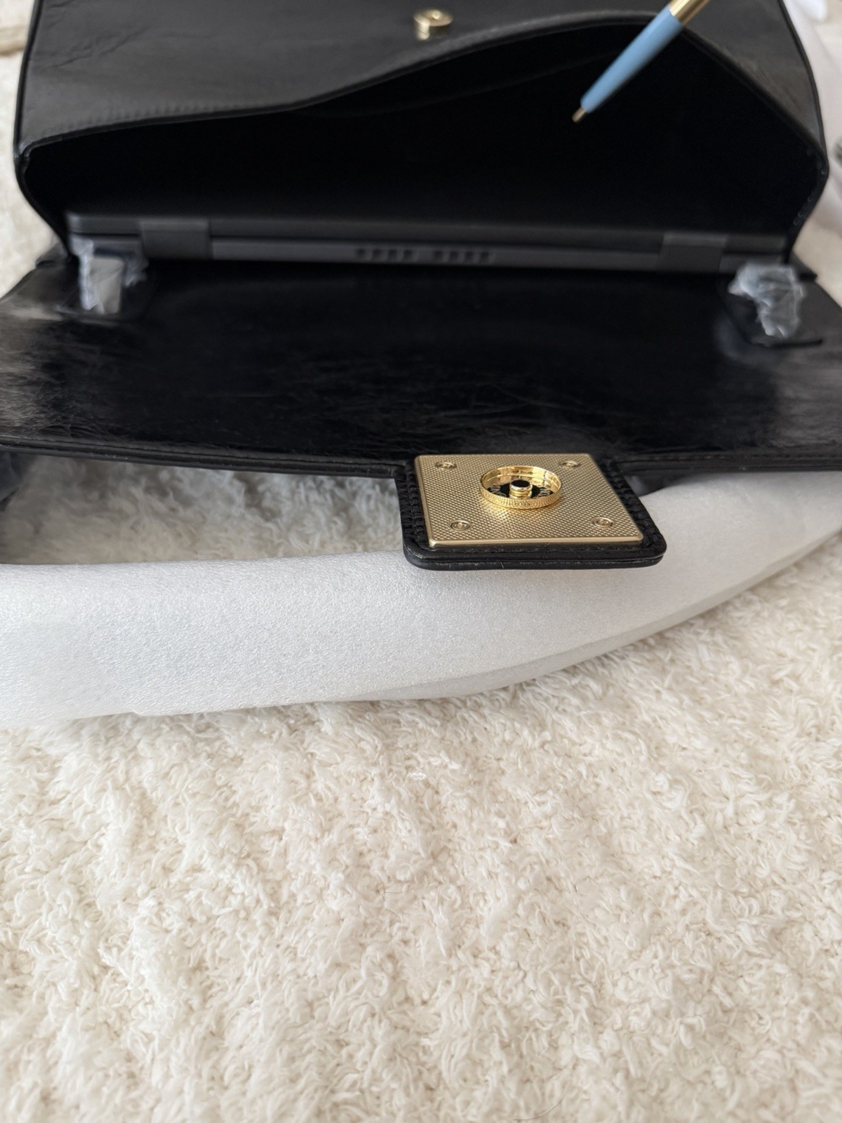 AMYSHEHAB Black Shoulder Bag Flap Closure Gold Hardware Dust Bag Pockets
