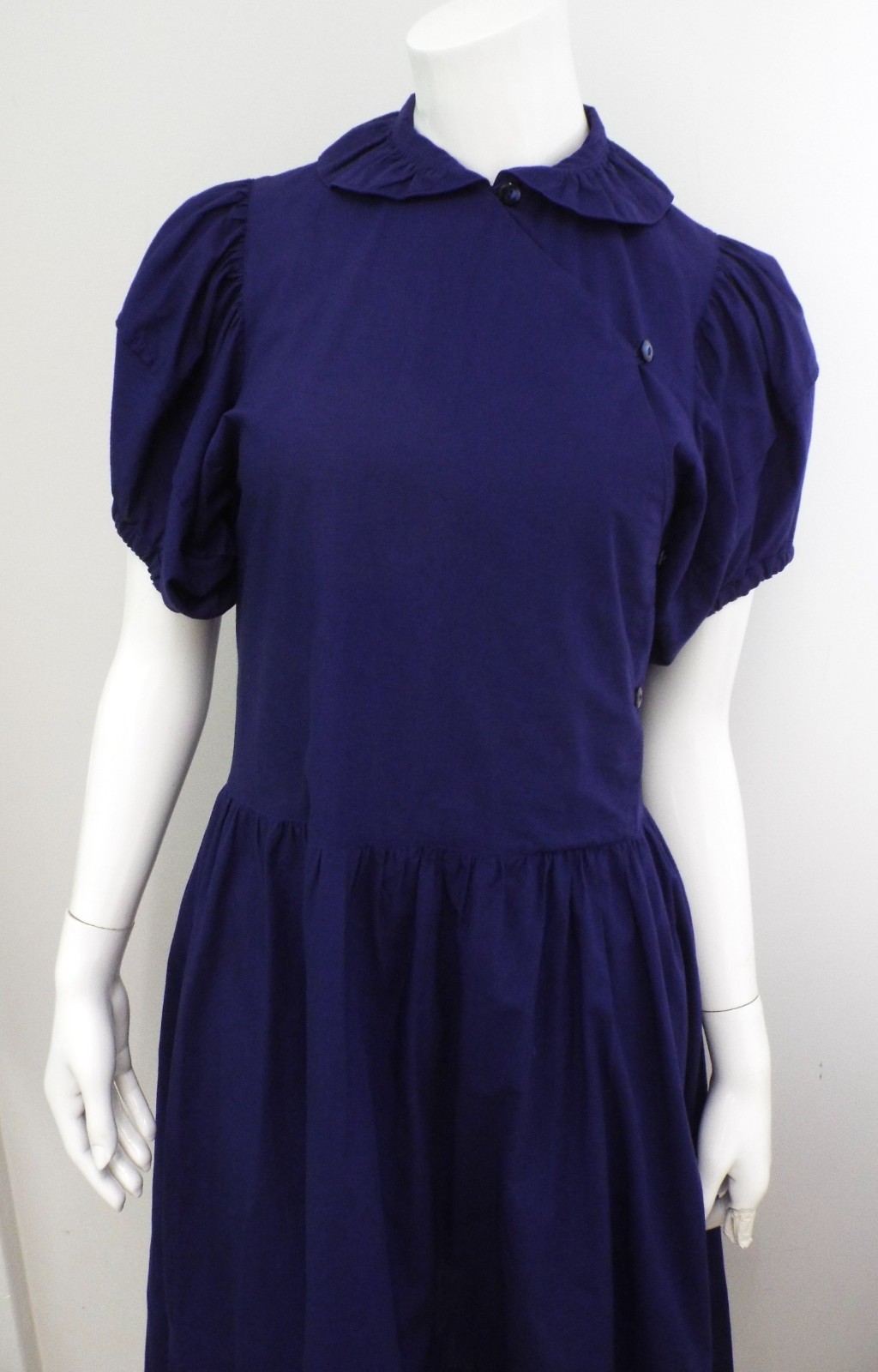 VTG 1980s KENZO Blue Puff Sleeve Dress Small Cotton Asymmetrical Button Wrap Top