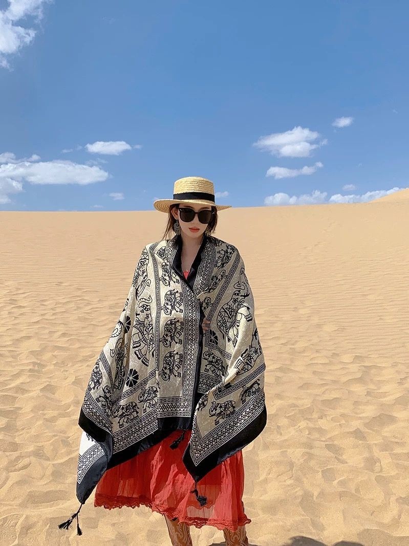 Elephant Print Scarf Shawl Wrap Ethnic Lightweight Cover for Summer Travel Sun