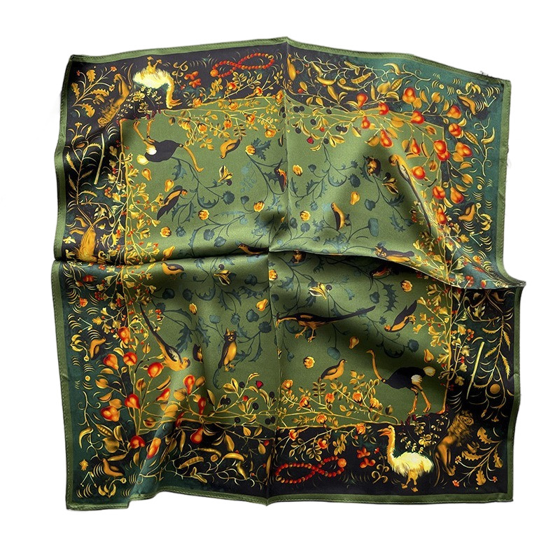 20″ Women Square Scarf with, Green Bird Print , neckerchief